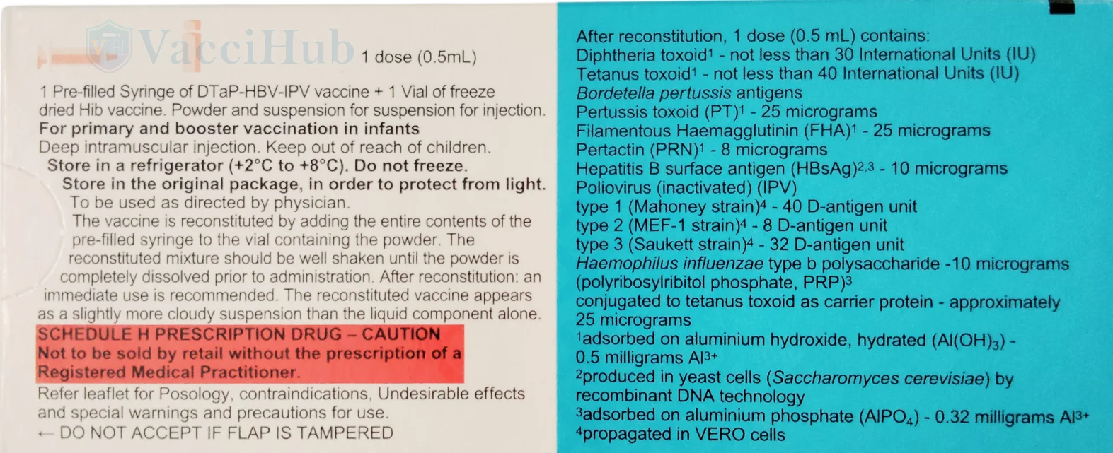 Infanrix Hexa composition – DTaP HepB IPV Hib – Diphtheria 30IU Tetanus 40IU Pertussis PT/FHA/PRN HBsAg 10mcg Polio Hib 10mcg