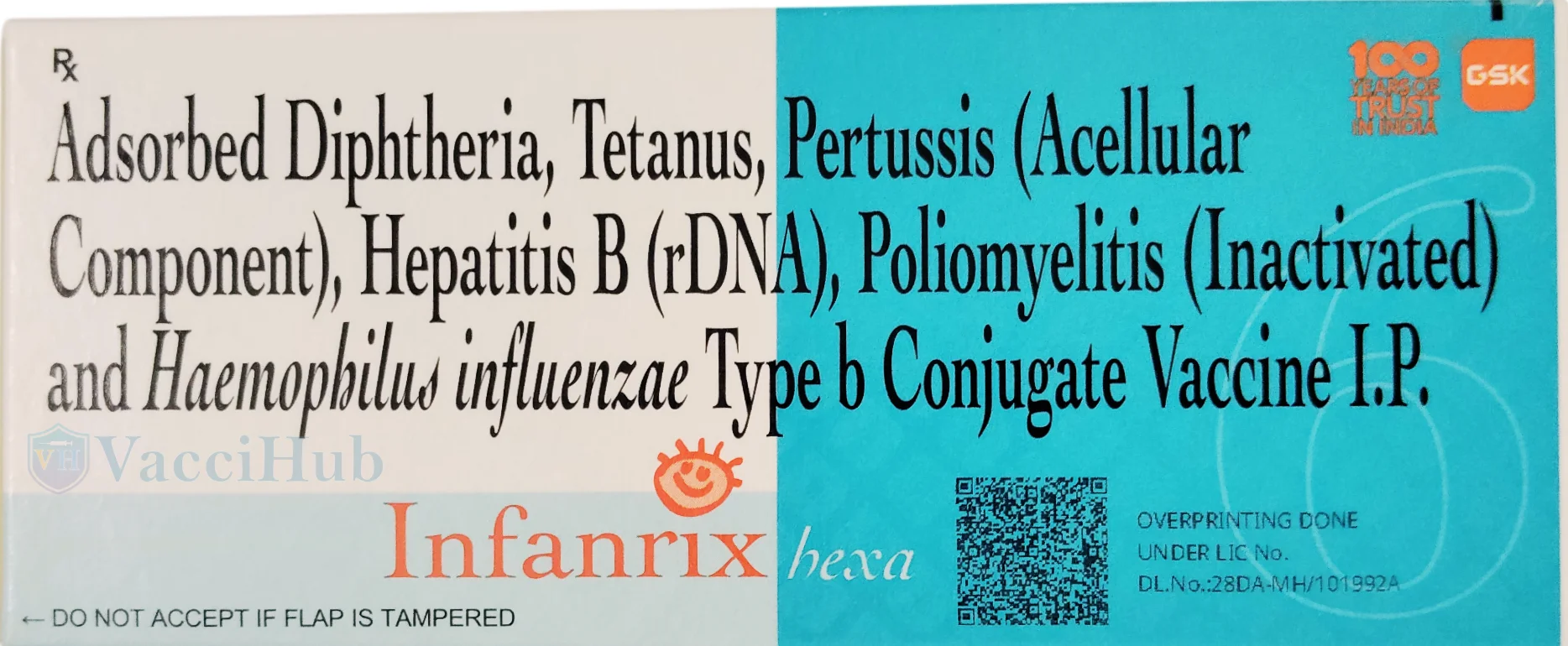 Infanrix Hexa 6-in-1 vaccine by GlaxoSmithKline – DTaP HepB IPV Hib – Box Front with VacciHub watermark