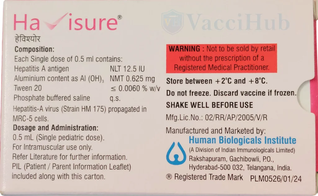 HAVISURE composition inactivated Hepatitis A virus antigen adsorbed on aluminium hydroxide