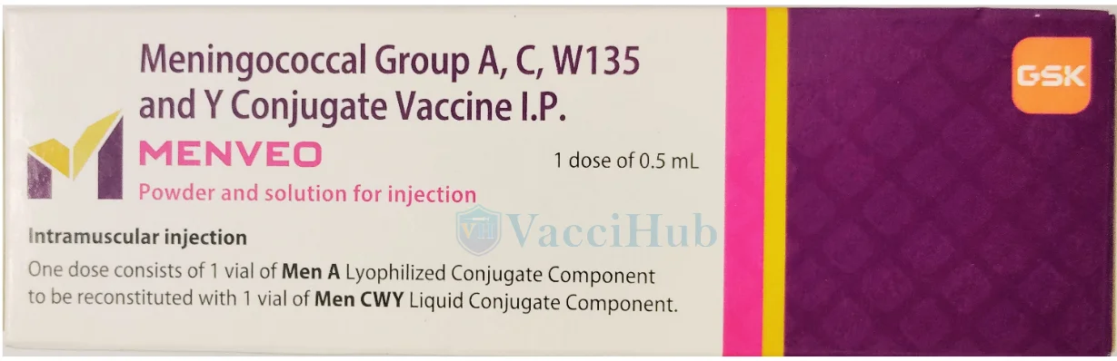 Menveo MCV4 Meningococcal Vaccine by GSK – Groups A C Y W-135 Box Front with VacciHub watermark