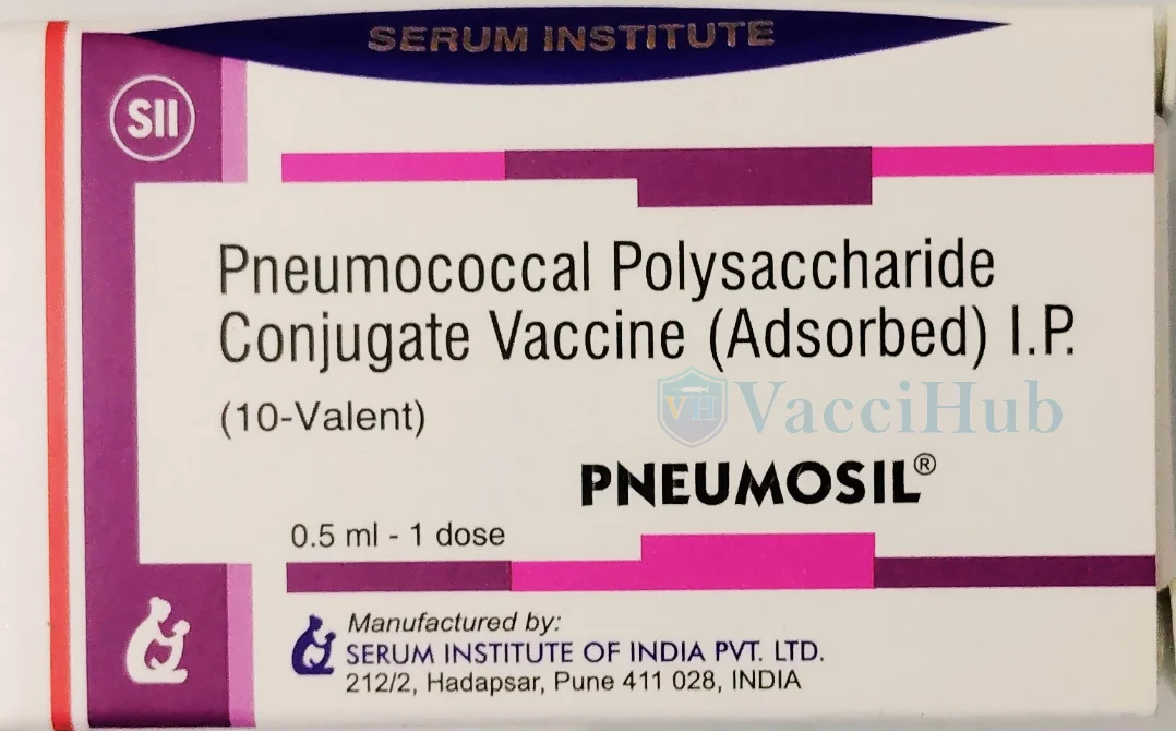 Pneumosil Pneumococcal Polysaccharide Conjugate Vaccine 10-Valent by Serum Institute of India – Box Front with VacciHub watermark