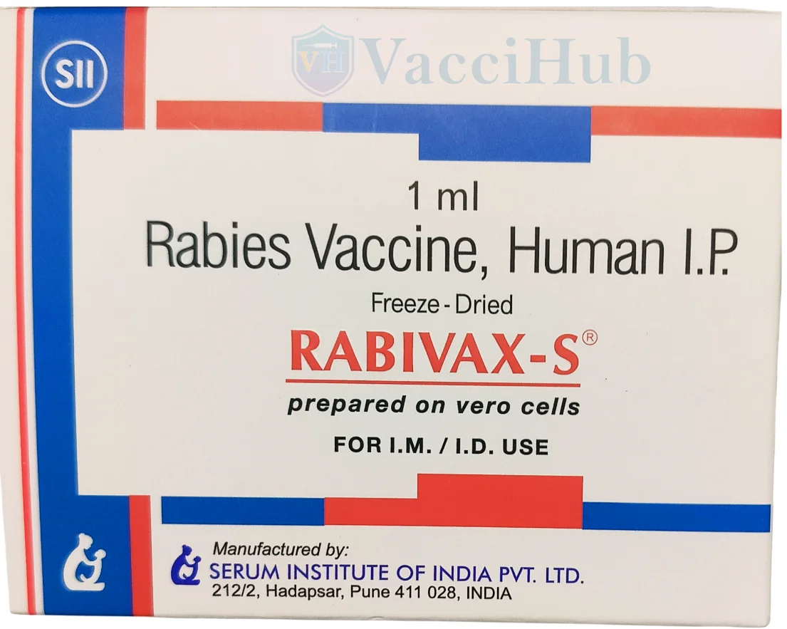 RABIVAX-S Rabies Vaccine box front by Serum Institute of India – 1 mL Purified Chick Embryo Cell Vaccine, freeze-dried, with VacciHub watermark