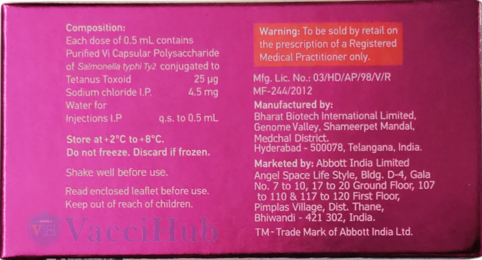 Enteroshield composition label - Vi Polysaccharide conjugated to Tetanus Toxoid 25mcg