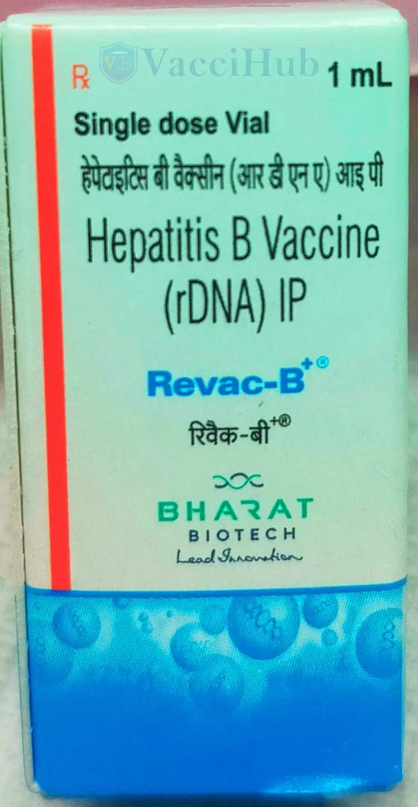 Revac-B+ Hepatitis B Vaccine rDNA IP by Bharat Biotech – Single dose vial 1 mL front label with VacciHub watermark