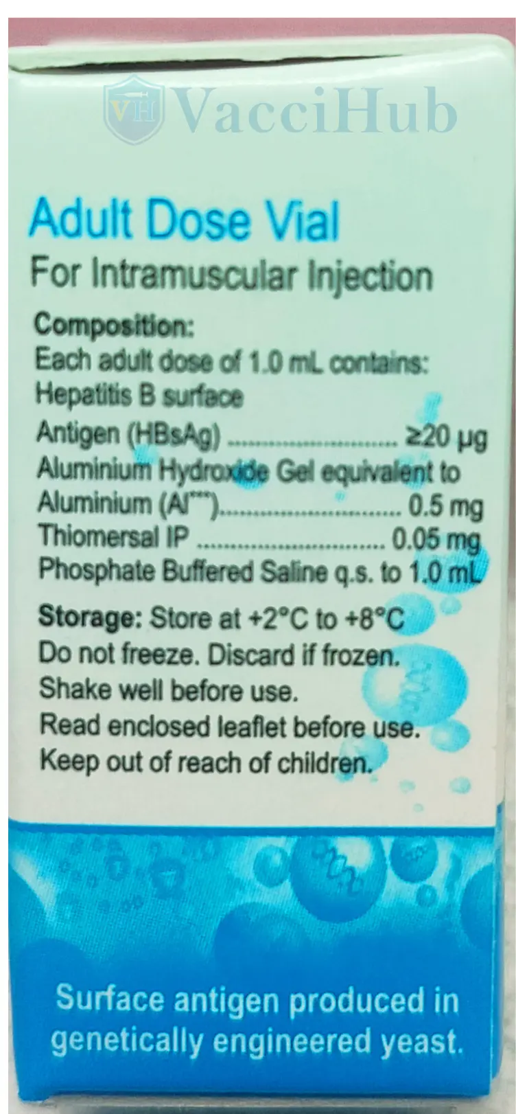 Revac-B+ composition – Purified HBsAg ≥20µg, Aluminium Hydroxide 0.5mg Al+++, Thiomersal 0.05mg, Store 2-8°C Do Not Freeze Shake Well