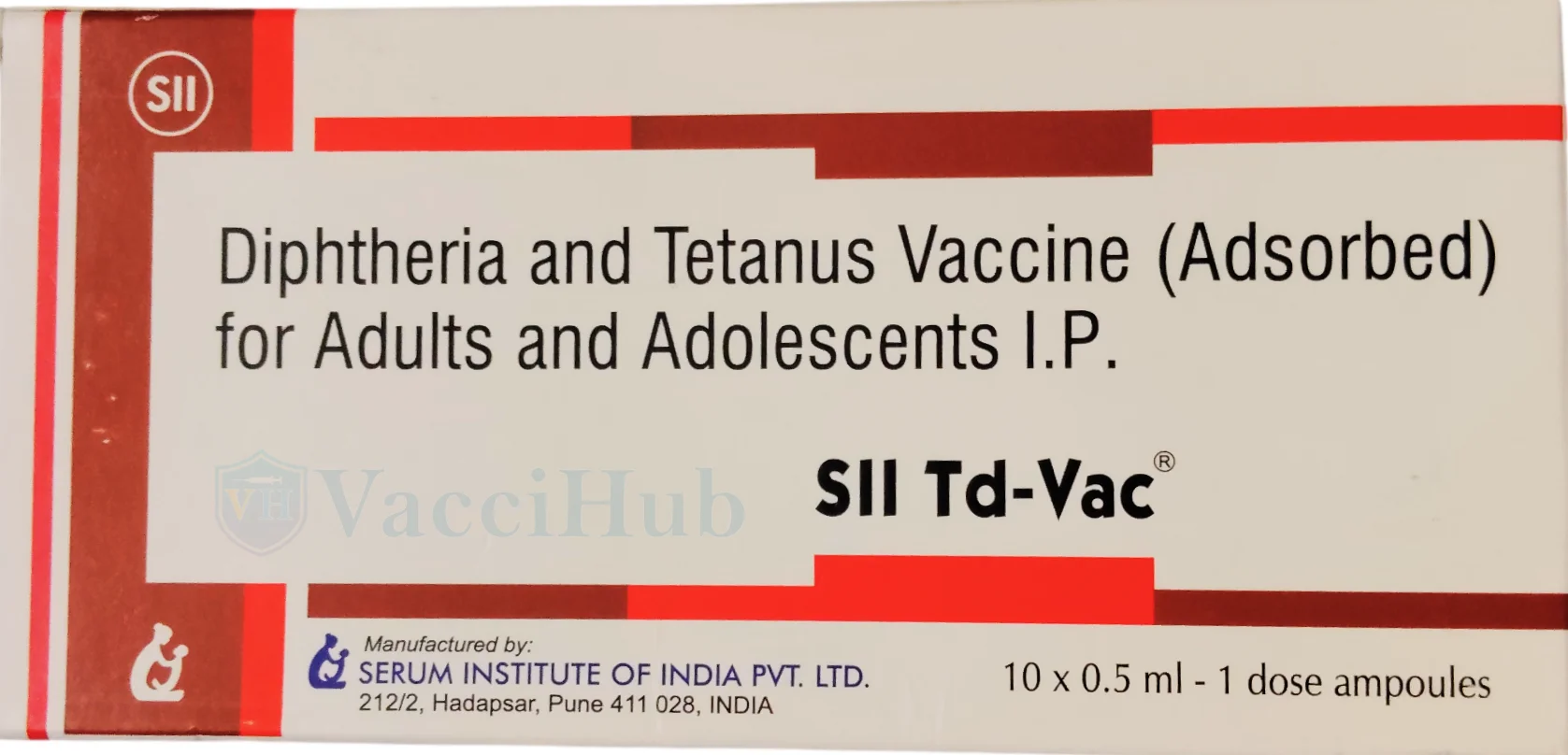 T.D.VAC Tetanus and Diphtheria Vaccine box front by Serum Institute of India – 0.5 mL ampoule, adsorbed, adult and adolescent booster, with VacciHub watermark