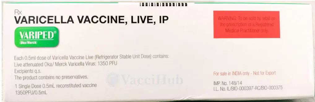 VARIPED Varicella Vaccine pack showing storage and dosage details