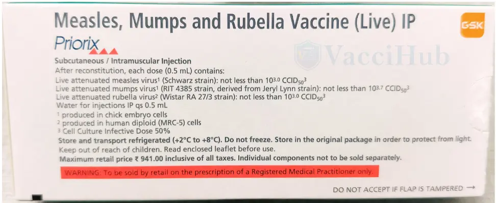 Priorix composition Schwarz measles RIT 4385 mumps Wistar RA 27/3 rubella strains