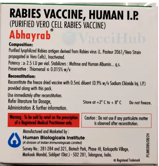 ABHAYRAB composition Purified Vero Cell Rabies Vaccine inactivated potency not less than 2.5 IU per dose