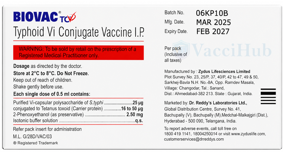 BIOVAC TCV Typhoid Vi Conjugate Vaccine composition per 0.5 mL dose Vi capsular polysaccharide of S.typhi conjugated to Tetanus toxoid