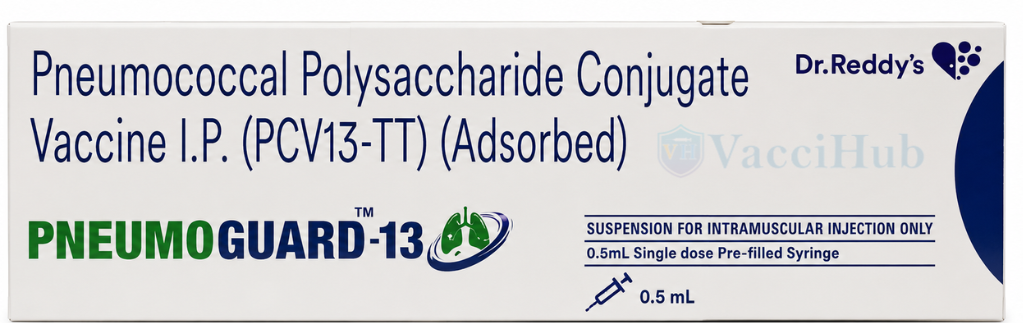 Pneumoguard-13 Pneumococcal Polysaccharide Conjugate Vaccine 13-Valent by Dr. Reddy's – Box Front with VacciHub watermark
