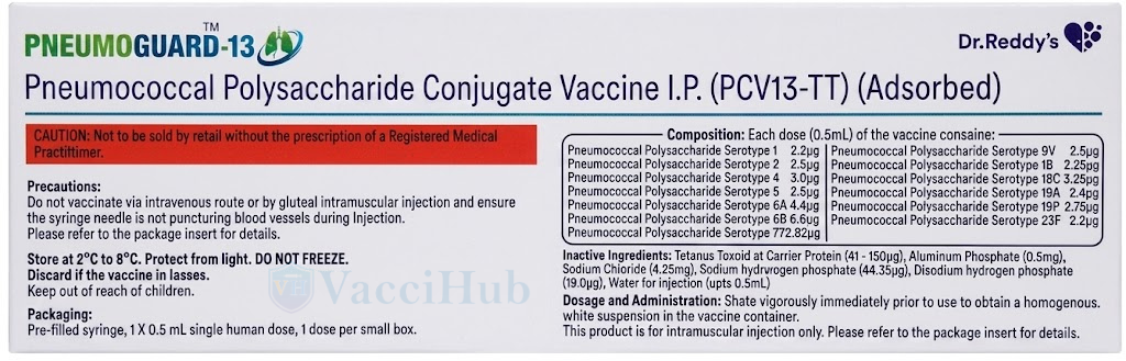 Pneumoguard-13 composition – 13 Serotypes, CRM197 carrier 20-50mcg, Al-phosphate 0.75mg, Dr. Reddy's manufactured
